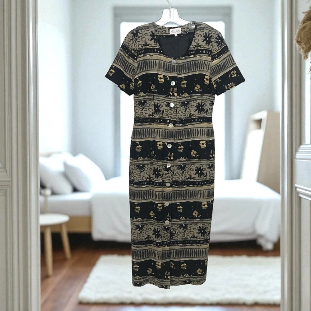 Vintage Scoop Neck Button Down Fitted Dress Floral Black Tan Sz 10 Althuser